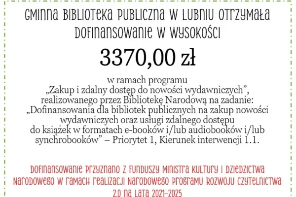 Gminna Biblioteka w Lubniu otrzymała dofinansowanie na zakup nowości wydawniczych