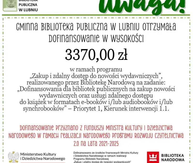 Gminna Biblioteka w Lubniu otrzymała dofinansowanie na zakup nowości wydawniczych