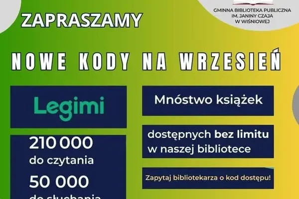 Nowe kody LEGIMI na wrzesień w bibliotece w Wiśniowej