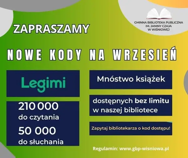 Nowe kody LEGIMI na wrzesień w bibliotece w Wiśniowej