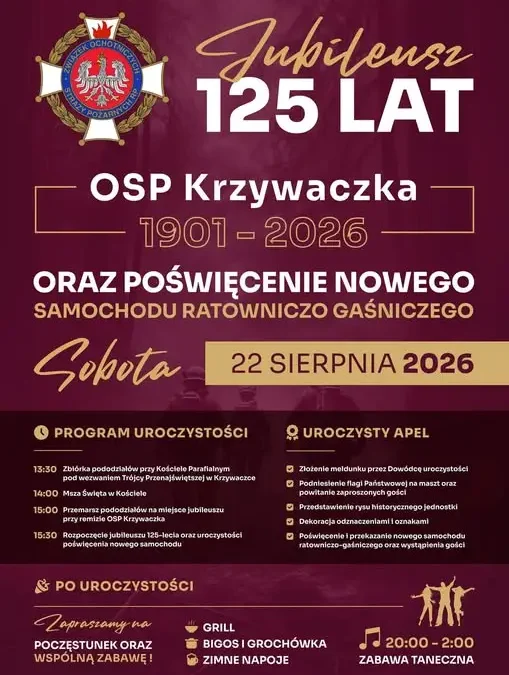 Jubileusz 125-lecia OSP Krzywaczka: jutro msza, apel i zabawa taneczna