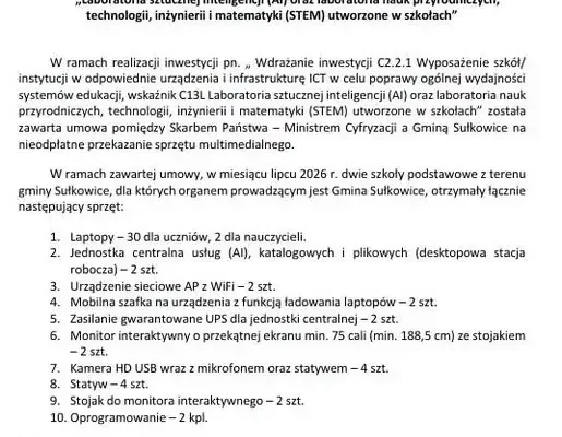 Gmina Sułkowice otrzymała nowoczesne laboratoria AI i STEM dla szkół