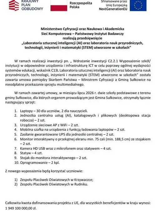 Gmina Sułkowice otrzymała nowoczesne laboratoria AI i STEM dla szkół