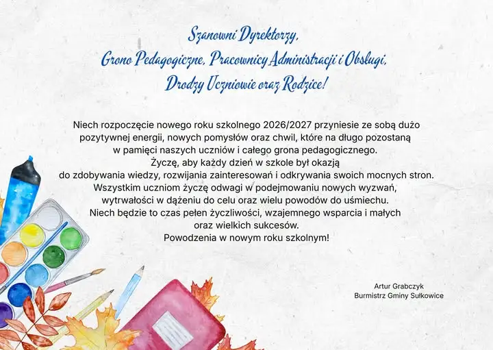 Życzenia burmistrza Sulkowic na nowy rok szkolny 2026/2027