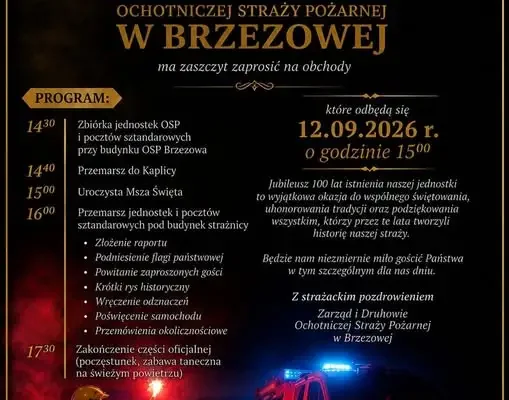 100-lecie Ochotniczej Straży Pożarnej w Brzezowej – zaproszenie na jubileusz