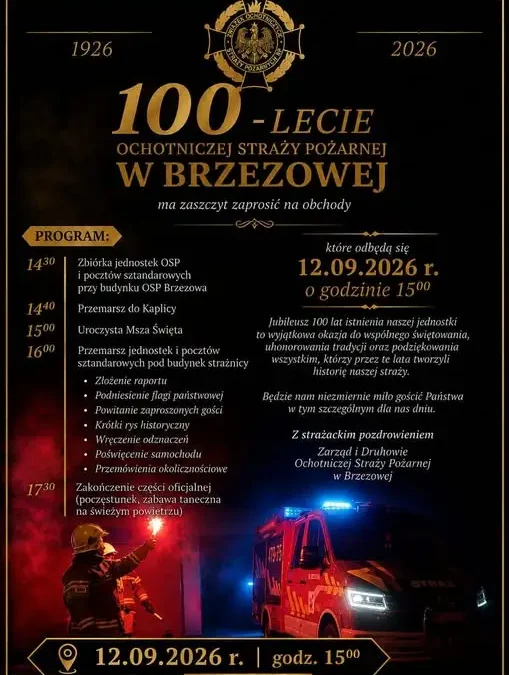 100-lecie Ochotniczej Straży Pożarnej w Brzezowej – zaproszenie na jubileusz