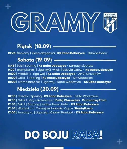 Weekendowy rozkład jazdy KS Raba Dobczyce – sprawdź, gdzie zagrają Twoi ulubieńcy