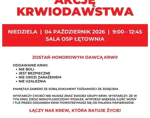 OSP Łętownia organizuje akcję honorowego krwiodawstwa – 4 października 2026